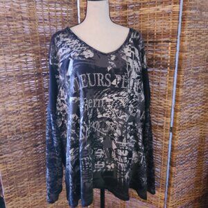 NWOT Essentials-Black & White Pattern Top-Sparkly Fleurs Burnout Long Sleeve 4X